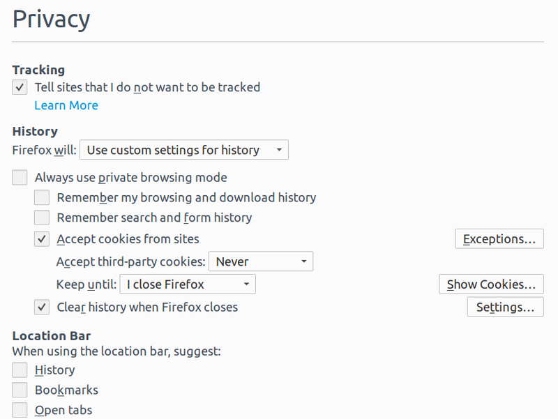 Manual privacy setting Firefox